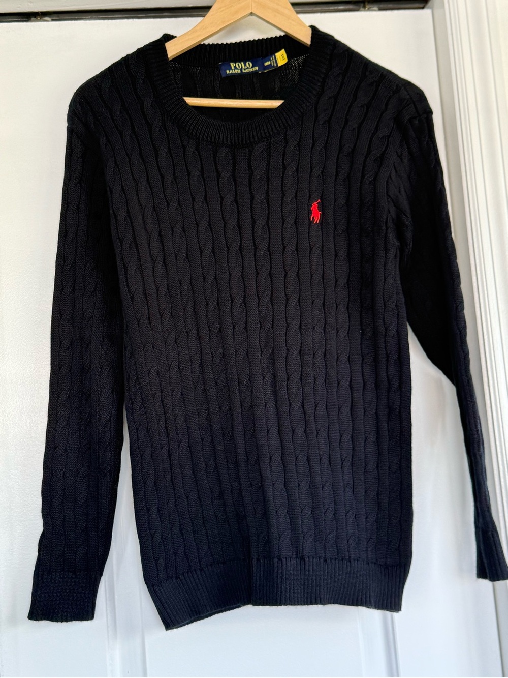 Ralph Lauren Black Cable-Knit Crewneck Sweater with Red Pony new not tags